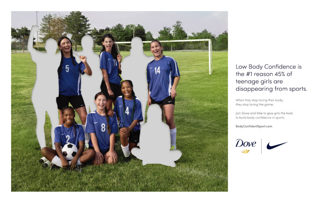 Building body confidence in sports - a group of teenage soccer girls where soem girls are silhouettedout to depict girls dropping out of sport